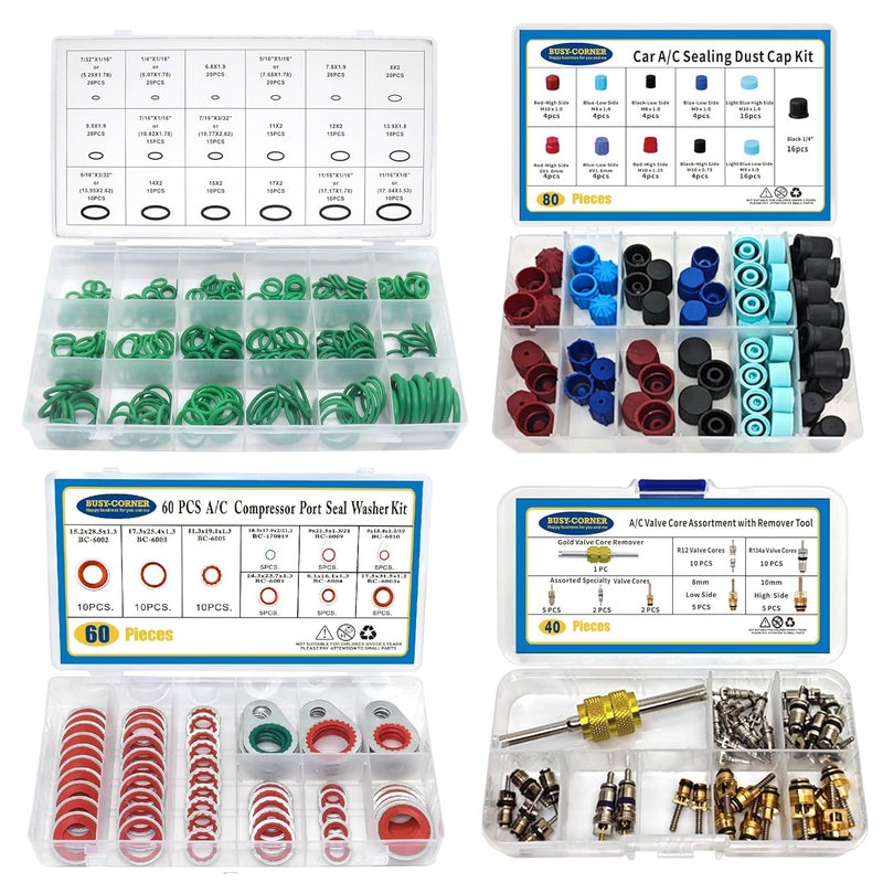 BUSY-CORNER 4 Set Car A/C Compressor Gasket Seals and Dust Cap, O-Ring Kit, Valve Core Kit with Remover Tool, R12 R134a Refrigeration Tire Valve Stem Cores, Car Air Conditioning Compressor Seals O-Ring (Red) - Image 1